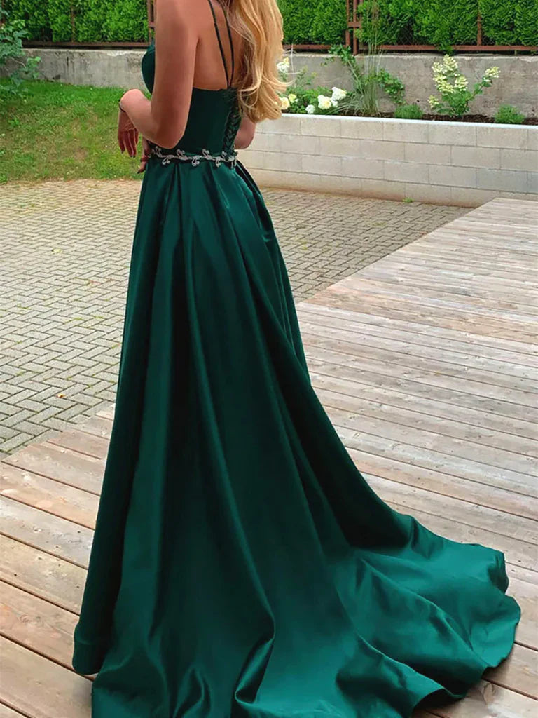 V Neck Dark Green Retract Your Waist Long Formal Evening Dresses