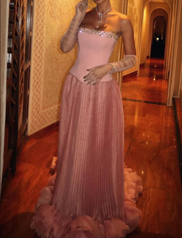 Strapless A-Line Tulle Long Prom Dresses Formal Elegant Pink Evening Gowns