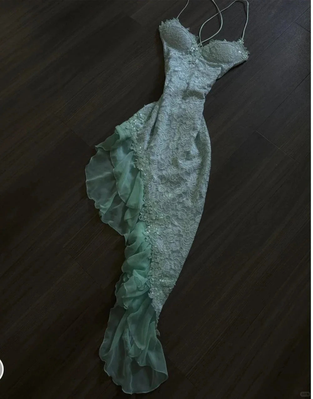 Spaghetti Straps Bodycon Chiffon Prom Dresses Lace Applique Sweet Fairytale Mint Green Party Dresses