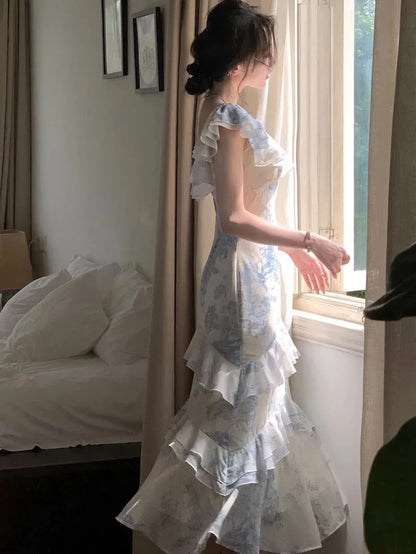 Strap Print Flower Blue Chiffon Party Dress Gentle Mermaid Evening Dress