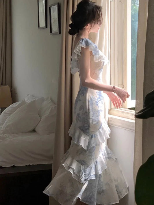 Strap Print Flower Blue Chiffon Party Dress Gentle Mermaid Evening Dress