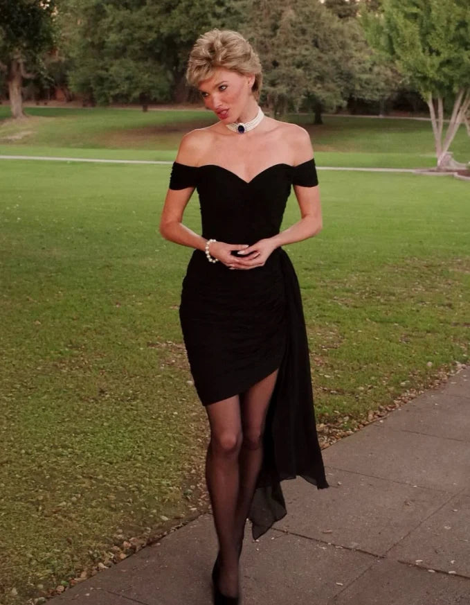 Off the Shoulder Black Chiffon Prom Dress Elegant Sheath Evening Dress