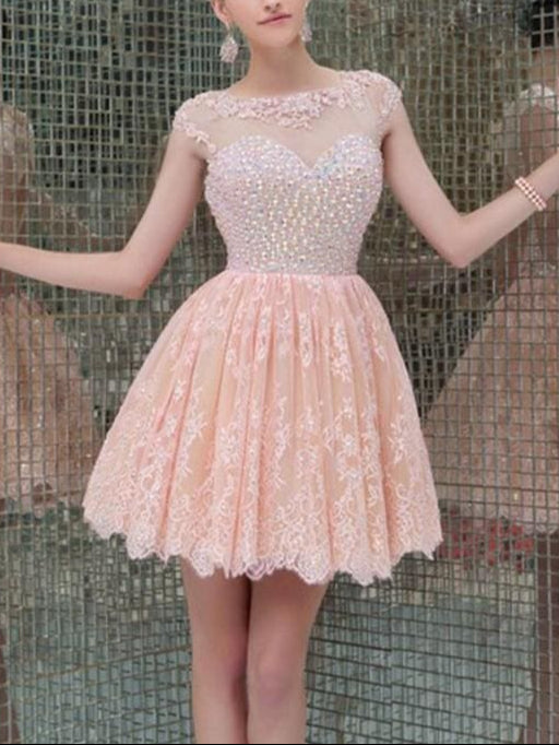Bridelily A-Line Sleeveless Scoop Lace With Beading Short Homecoming Dresses