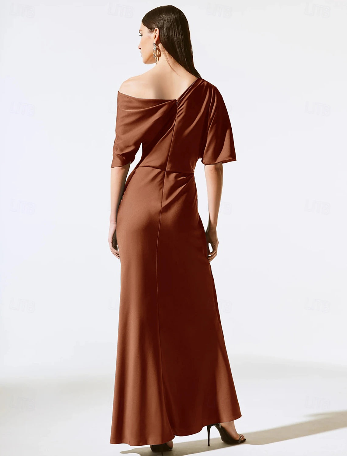 Sheath Dress Wedding Guest Dress Elegant Off Shoulder Floor Length Satin Short Sleeve with Ruched Solid Color