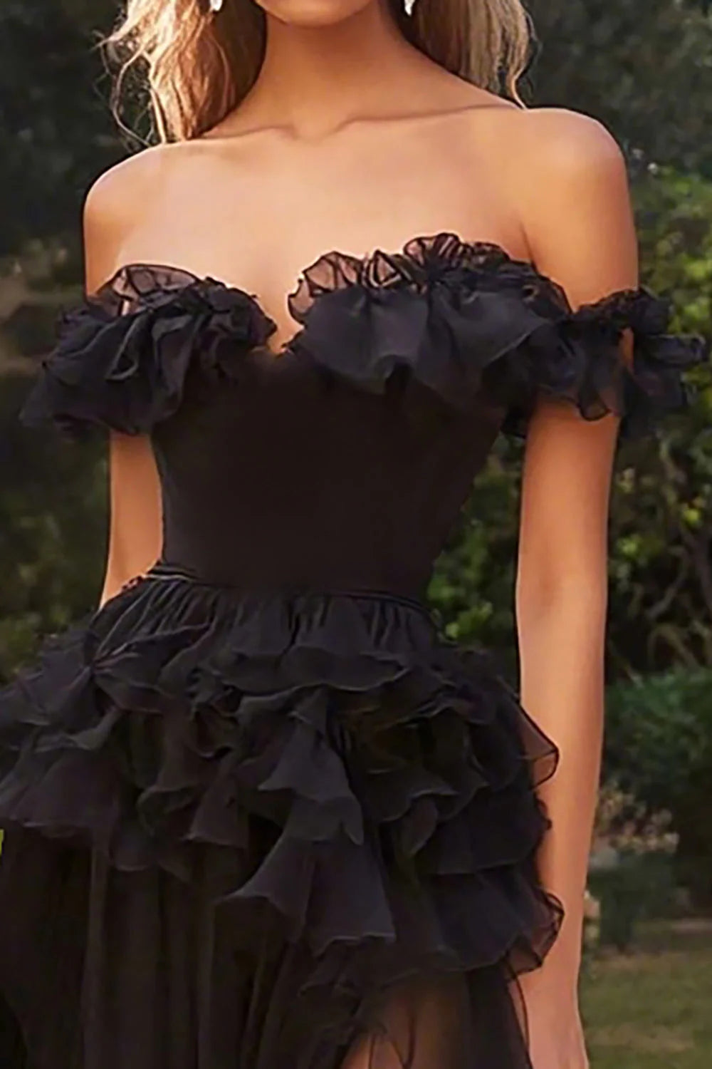 Chiffon A Line Off The Shoulder Long Black Tie Evening Dress With Ruffles