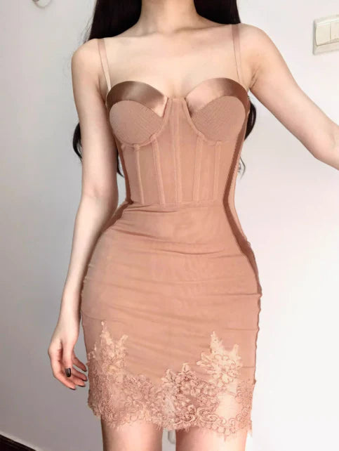 Sexy Sheath Spaghetti Strap Brown Lace Tulle Short Homecoming Dress