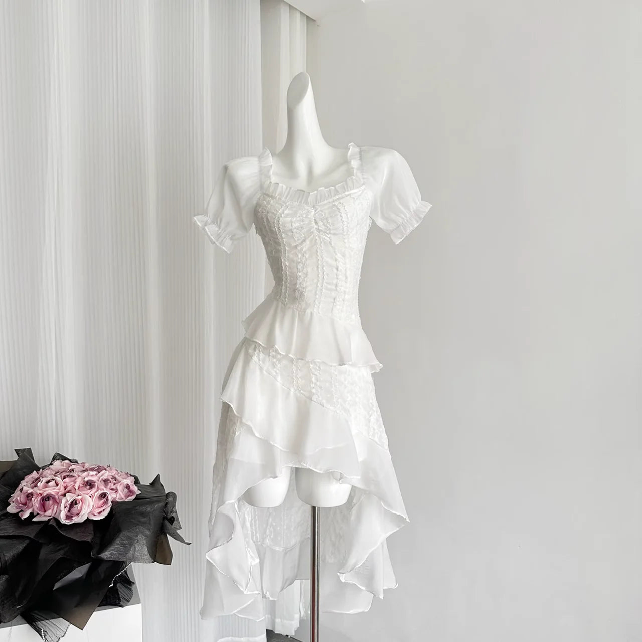 High Low Square Neckline White Sexy Lace Ruffles Dress Beach Homecoming Dresses