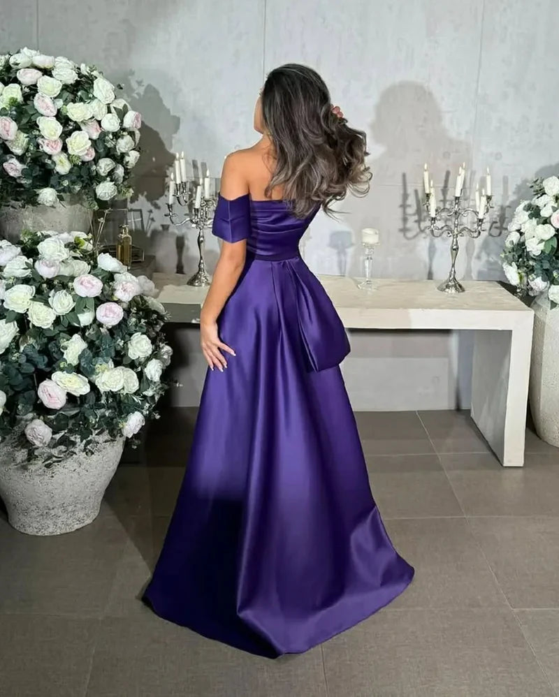 Floor Length Party Dress Off Shoulder Evening Dress Purple Satin Formal Gown Slit Elegant Prom Dress