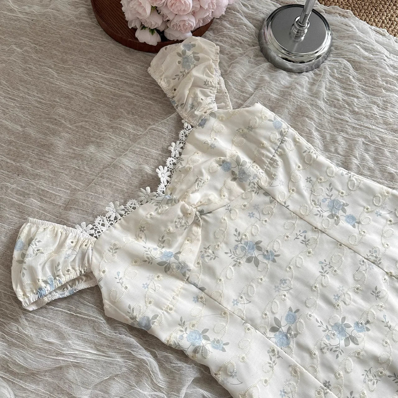 Cute A line Sweetheart Cap Sleeves Blue Floral Dress Long Party Dresses