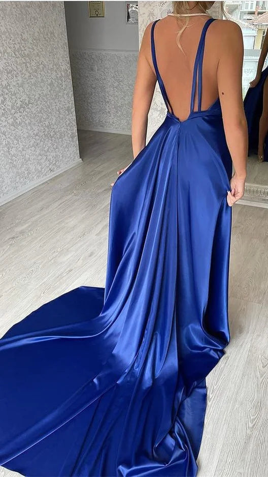 Royal Blue V Neck Split Mermaid Retract Your Waist Long Evening Dress
