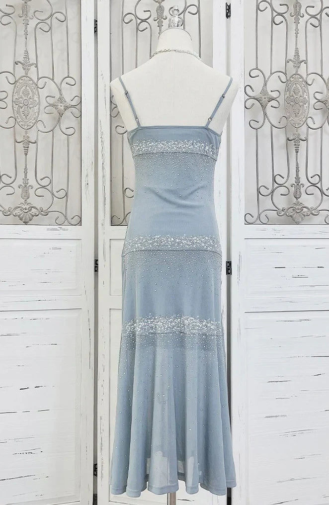 Charming Mermaid Spaghetti Strap Rhinestone Baby Blue Chiffon Prom Dress
