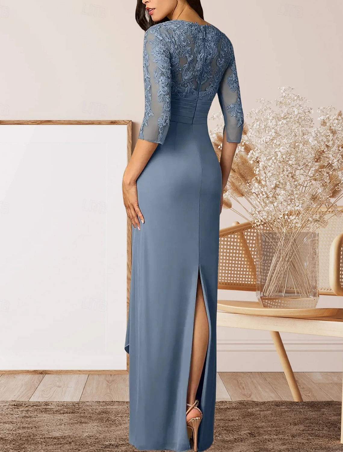 Sheath / Column Mother of the Bride Dress Wedding Guest Elegant High Split V Neck Floor Length Chiffon 3/4 Length Sleeve with Ruffles Appliques Ruching