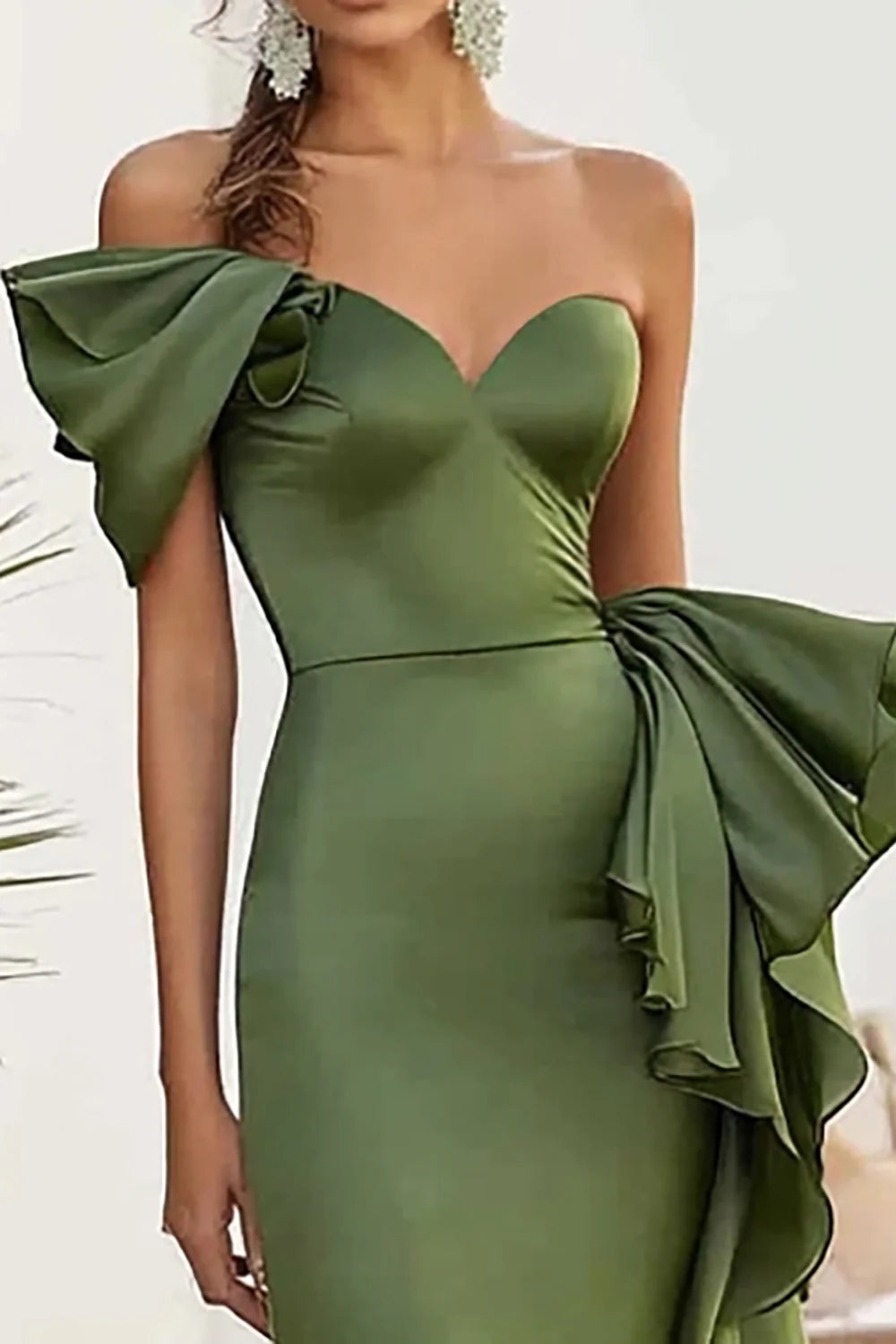 Olive Mermaid Satin Long Sweetheart Formal Evening Dress With Ruffles
