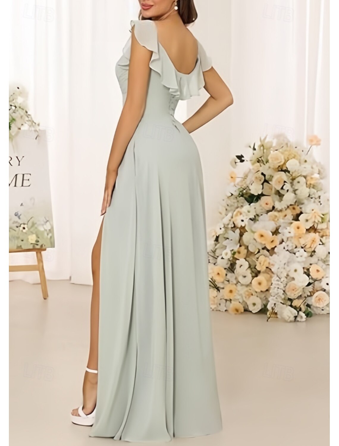 A-Line Bridesmaid Dress Sweetheart Short Sleeve Elegant Floor Length Chiffon with Split Front