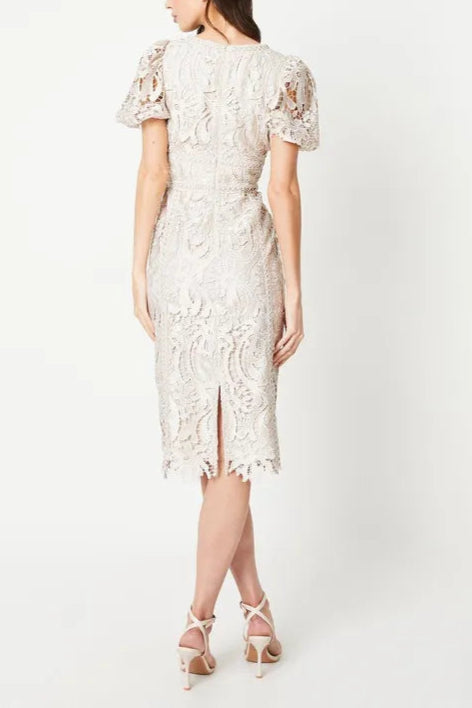 Satin Lace V-neck Pencil Mother Of The Bride Outfits Dress With Puff Sleeve