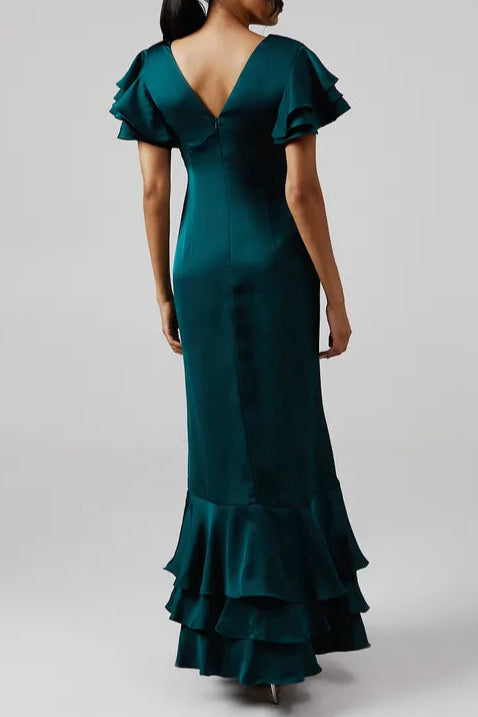 Ruffle Sleeve Full of charm Satin V-Neck Bridesmaids Maxi Dress