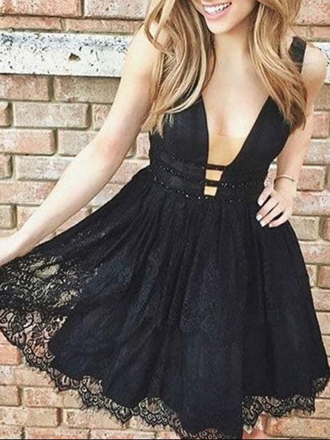 Bridelily A-Line V-Neck Lace Sleeveless Black Retract Your Waist Mini Dresses