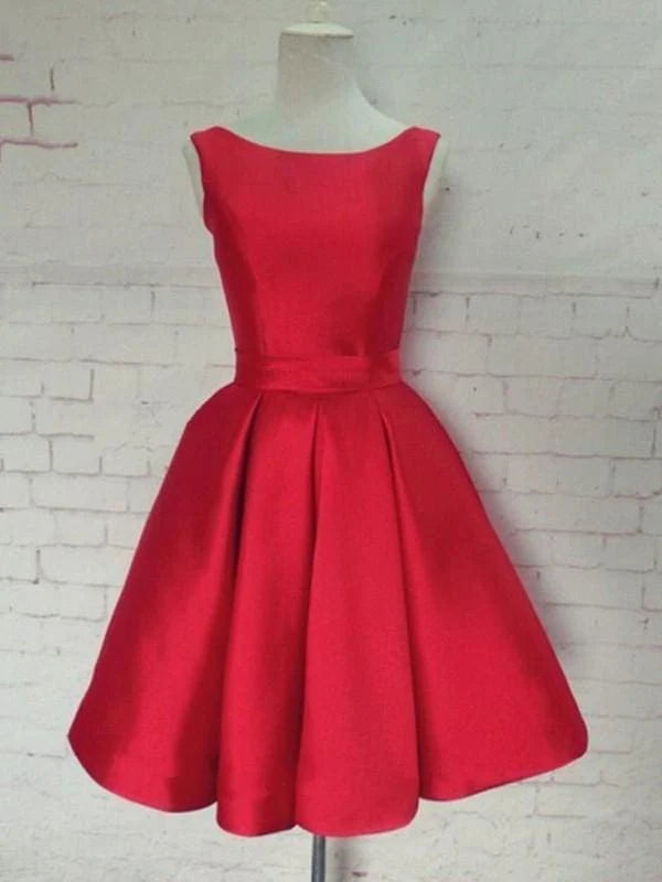 A-Line Satin Scoop Sleeveless Short Red Retract Your Waist Homecoming Dress With Sash