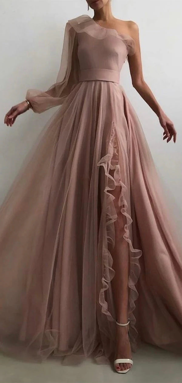 Pink One Shoulder A-line Dusty Elegant Modest Formal Long Prom Dresses