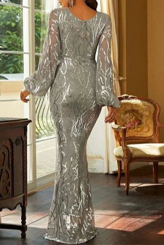 Silver Crew Neck Long Sleeve Top-quality fabric Mermaid Long Evening Dress