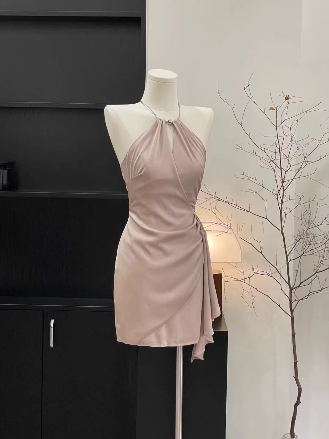 Sexy Sheath Halter Ruffled Pink Women's Full of charm Party Dresses