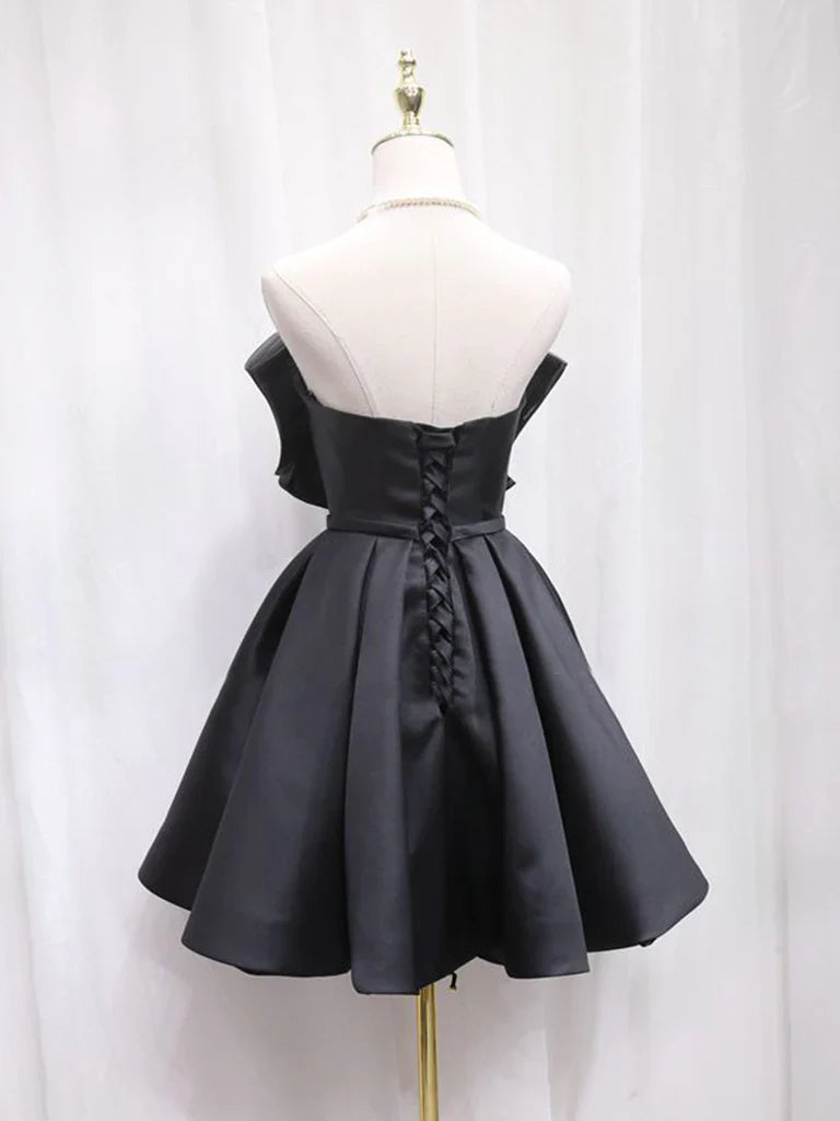 Black Tulle Satin Short Prom Dress, Retract Your Waist Homecoming Dress