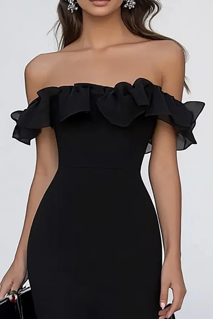 Full of charm Black Off the Shoulder Slim-fit Long Formal Dress
