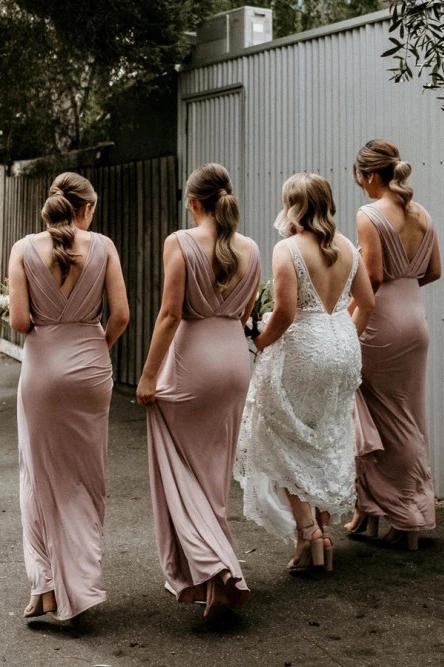 Unique design Chic V Neck Sleeveless Simple Floor Length Long Bridesmaid Dresses