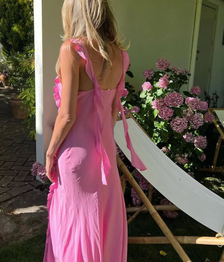 Cute Mermaid Straps Ruffle Pink Chiffon Prom Dress Graduation Party Dress