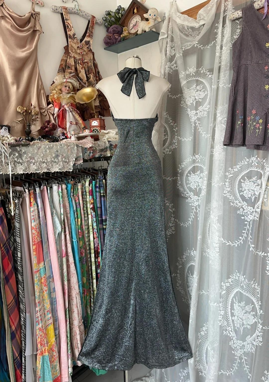 Black Grey Sheath Backless Long Party Dress Modern Halter Cocktail Dress