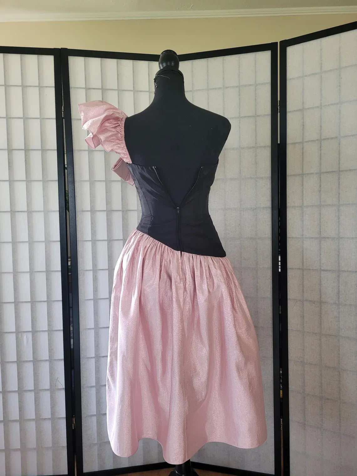 Vintage Iridescent Pink Asymmetric One Shoulder Prom Party Punk Glam Dress