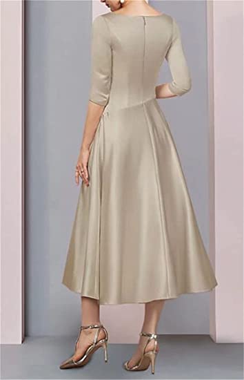 3/4 Sleeves Ruched Satin V-Neck Mother of Bride Dress Wedding Guest Dress