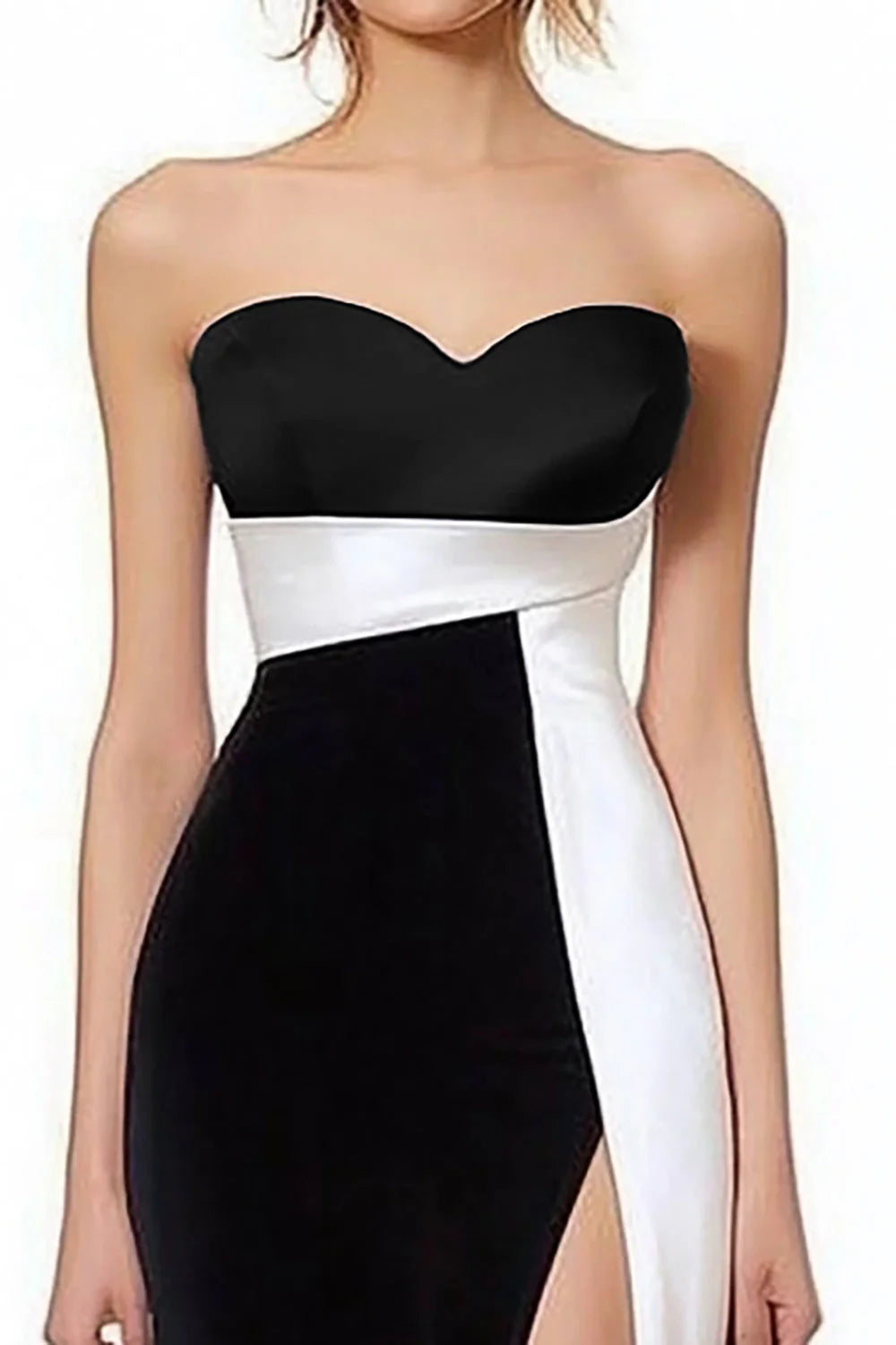 Black White Satin Strapless Long Formal Evening Dress With Slit