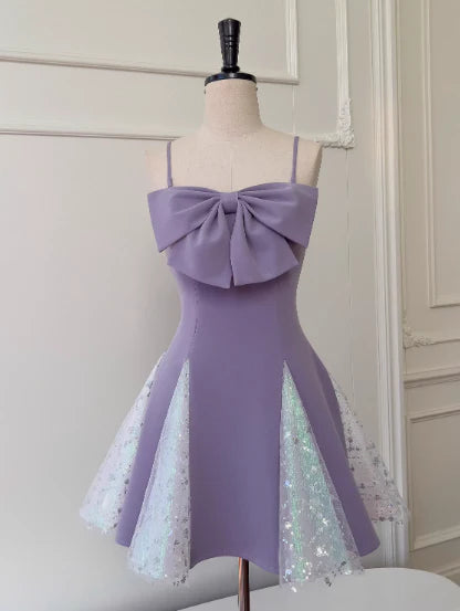 Gorgeous Lavender Satin Short Prom Dresses Glitter Tulle Spaghetti Straps A-Line Homecoming Dresses with Bows