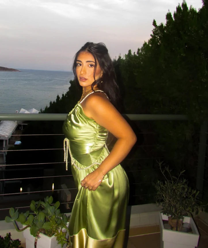 Sexy A Line V Neck Beaded Green Satin Open Back Long Party Dress