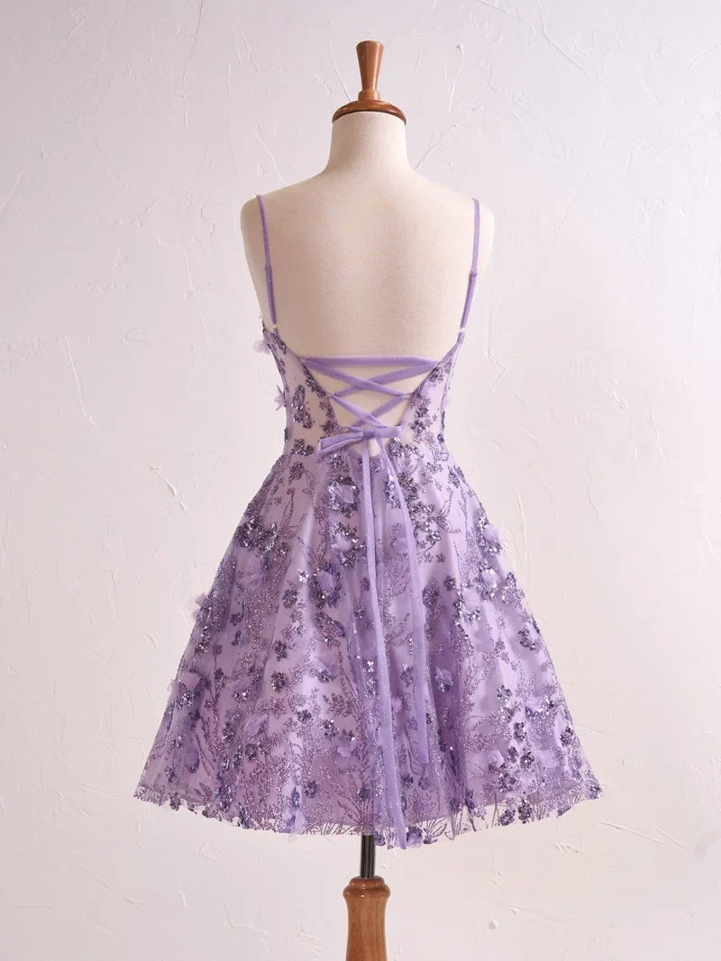 A-Line Tulle Applique Short Prom Dresses Gorgeous Lavender Spaghetti Straps Homecoming Dress with Sequins