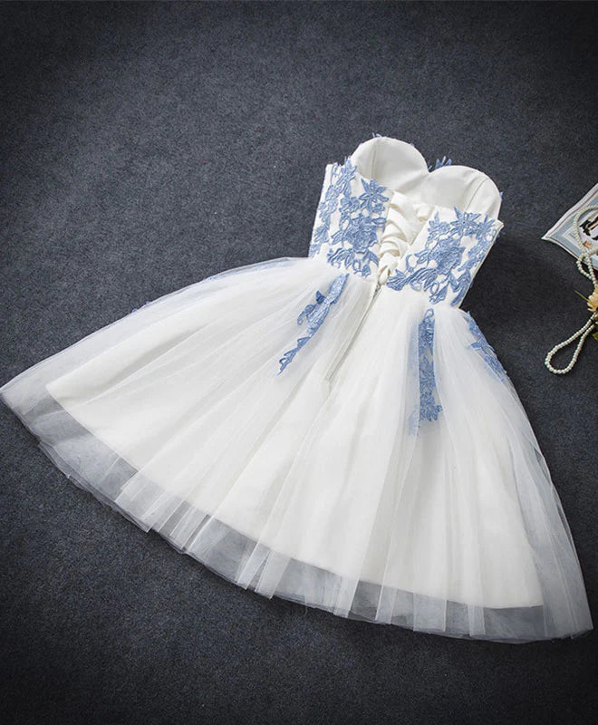 Cute Blue Tulle Lace Short Prom Dress, Sweetheart Neck Homecoming Dress