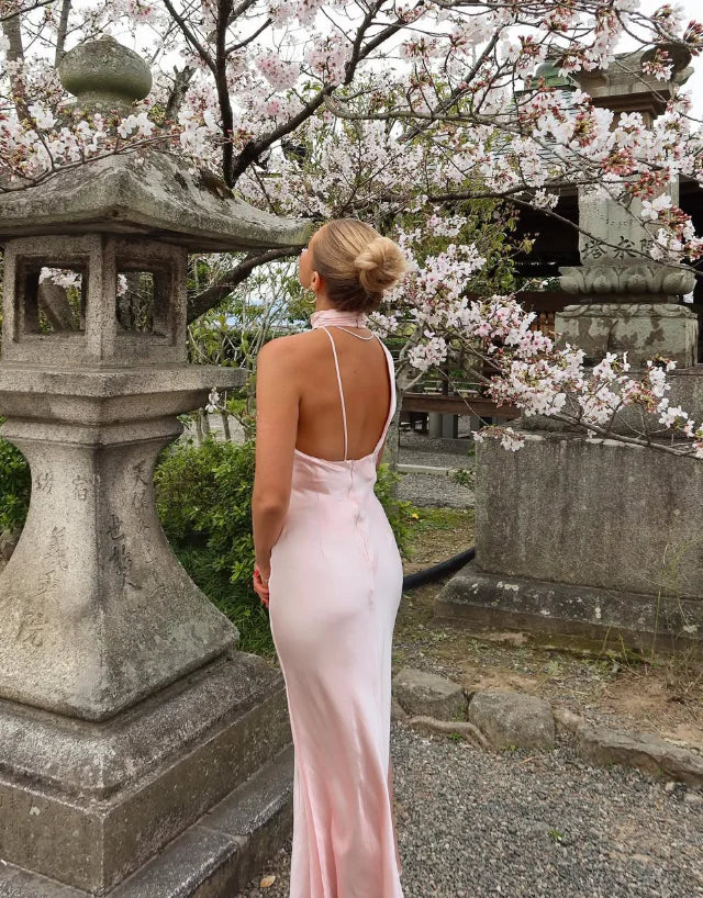 Elegant Mermaid Light Pink Satin Open Back Long Prom Dress
