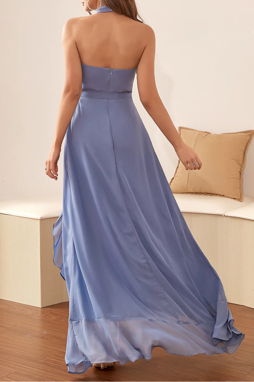 Blue Halter High-Low Retract Your Waist Evening Dress With Ruffles