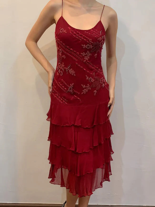 Burgundy Vintage A Line Spaghetti Strap Tiered Beaded Chiffon Evening Dress