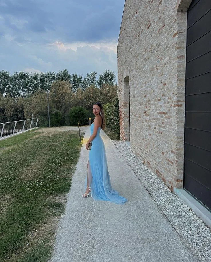 Blue Elegant Slit Prom Dress Long Strapless Off Shoulder Evening Dress