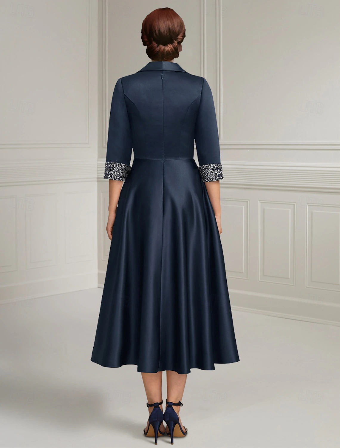 Navy Blue A-Line Dress Mother of the Bride Dress Elegant Satin Simple Shirt Collar Tea Length 3/4 Length Sleeve with Sash / Ribbon Beading Solid Color