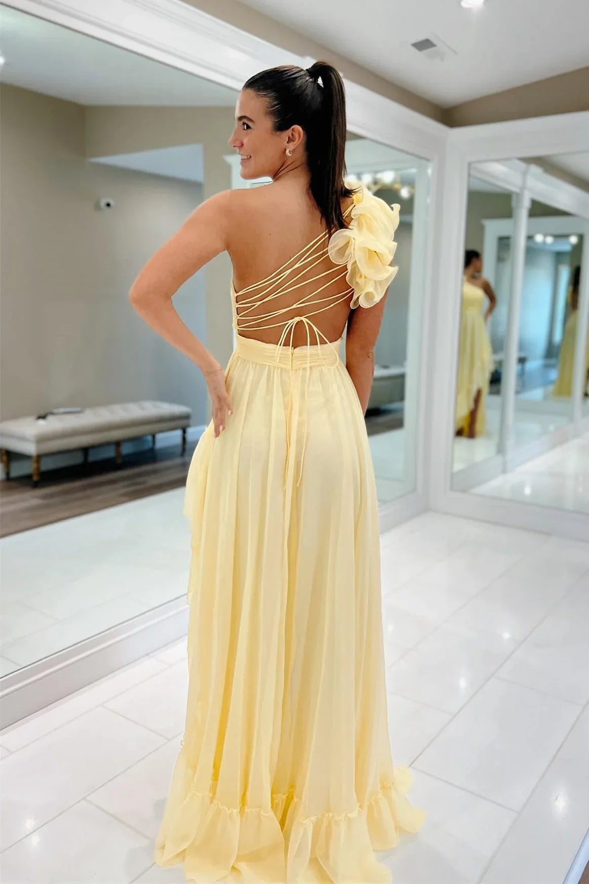 Light Yellow A Line One Shoulder Floral Chiffon Long Wedding Guest Dress