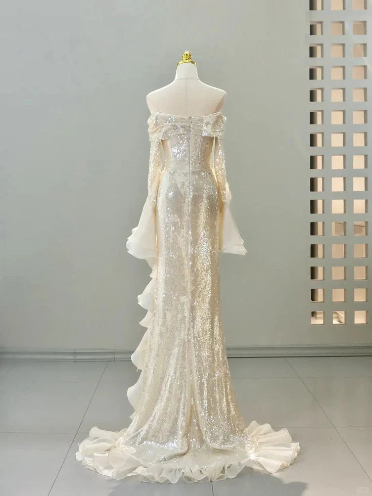 Elegant Sheath Long Sleeve Ivory Chiffon Ruffle Sequin Prom Dress