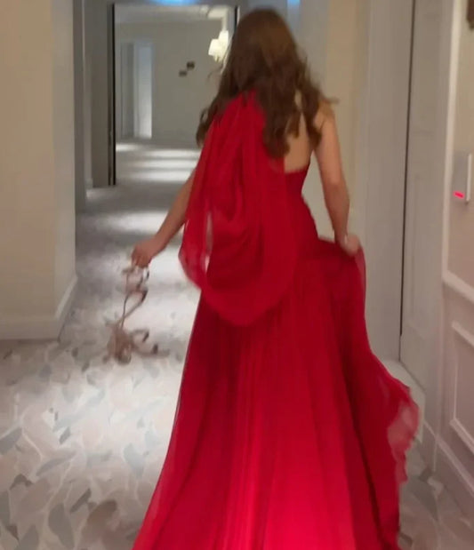 Fashion Red Chiffon Evening Dress Side Slit Long Party Dress