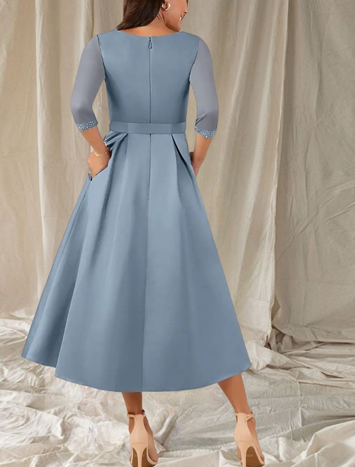 A-Line Mother of the Bride Dress Wedding Guest Elegant Sweet V Neck Tea Length Satin Half Sleeve with Sash / Ribbon Beading Ruching 2025