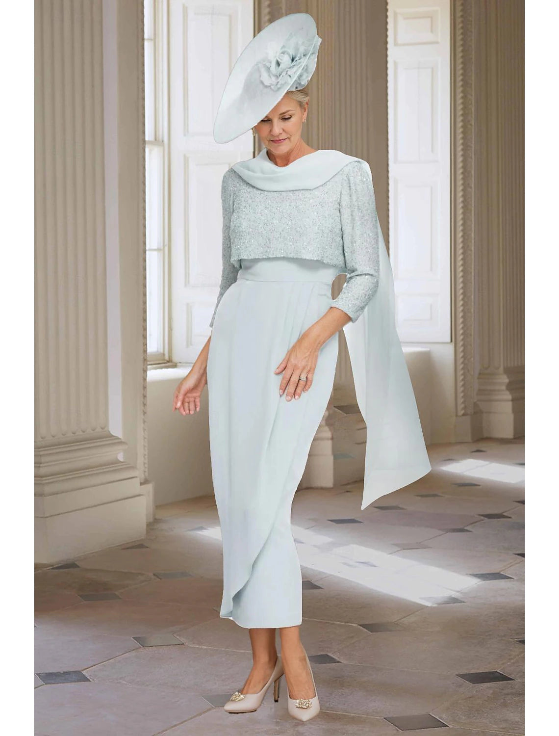 Beach Wedding Two Piece Sheath Mother of the Bride Dress Elegant Jewel Neck Tea Length Chiffon 3/4 Length Sleeve with Solid Color 2025 free custom size