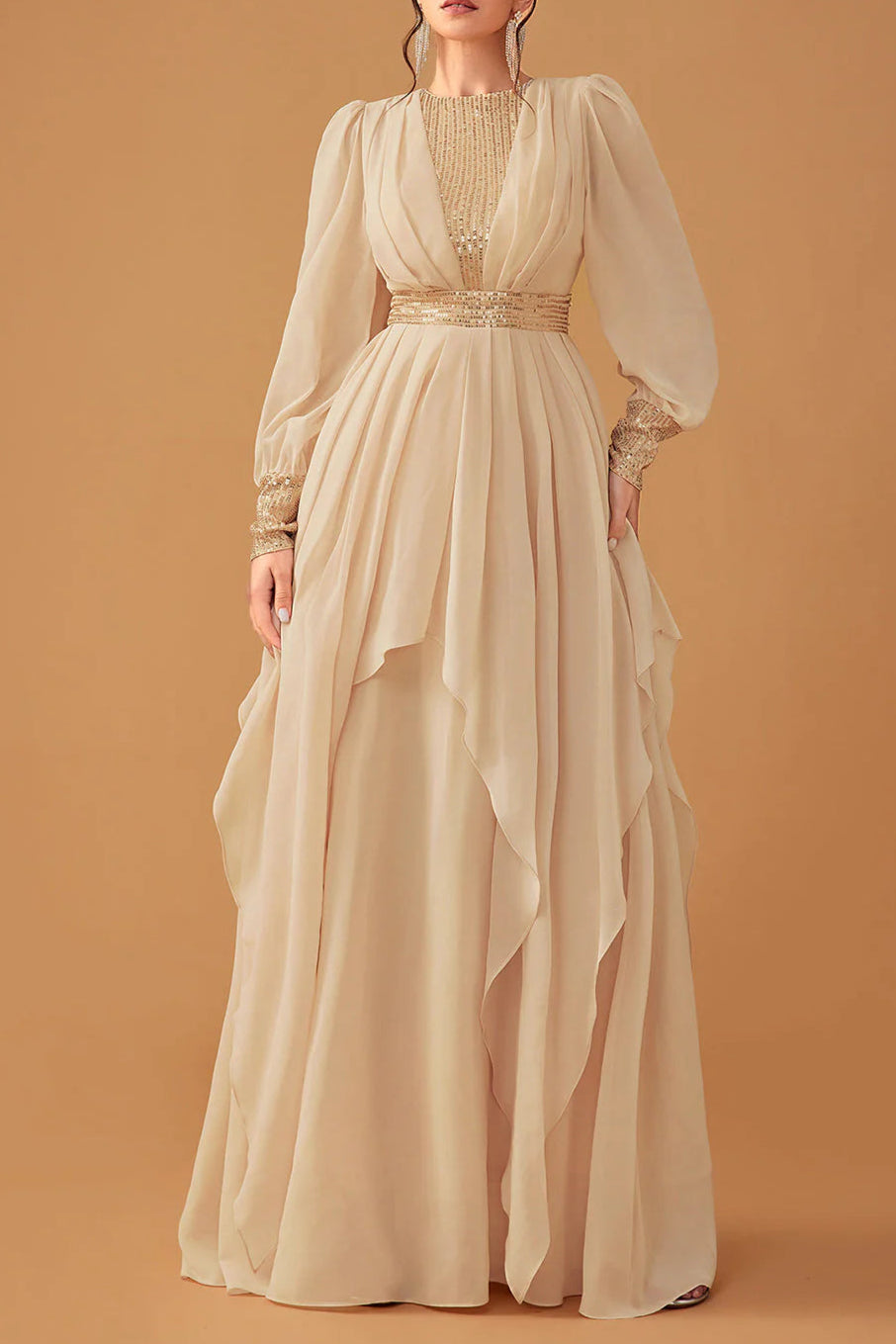 Unique design Champagne Ruffles A Line Long Prom Dress With Long Sleeves