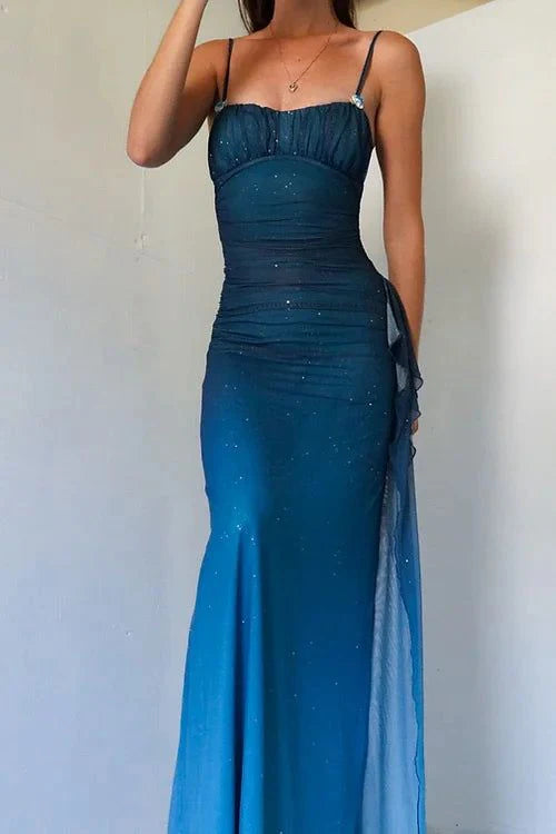 Spaghetti Straps Blue Ombre Chiffon Evening Dress Sexy Sheath Party Dress