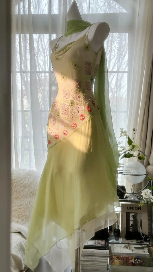 Fairytale Green Vintage Party Dress Sheath Chiffon Beaded Spaghetti Straps Short Prom Dresses